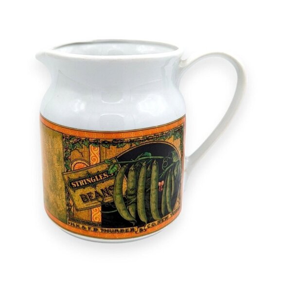 Vintage 1981 MANN Canada Stringless Beans Canning Art 6" Porcelain Pitcher Farm - Picture 1 of 7
